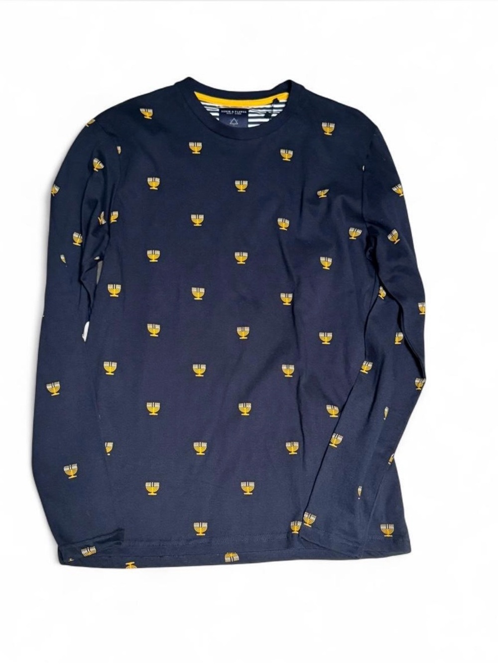 Denim & Flower Navy Long-Sleeve Crewneck Shirt with Yellow Trophy Print